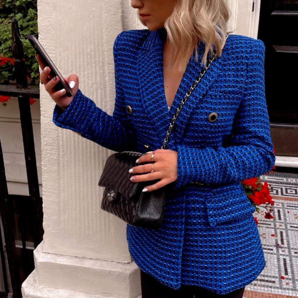 Zara Royal Blue Textured Double-Breasted Blazer